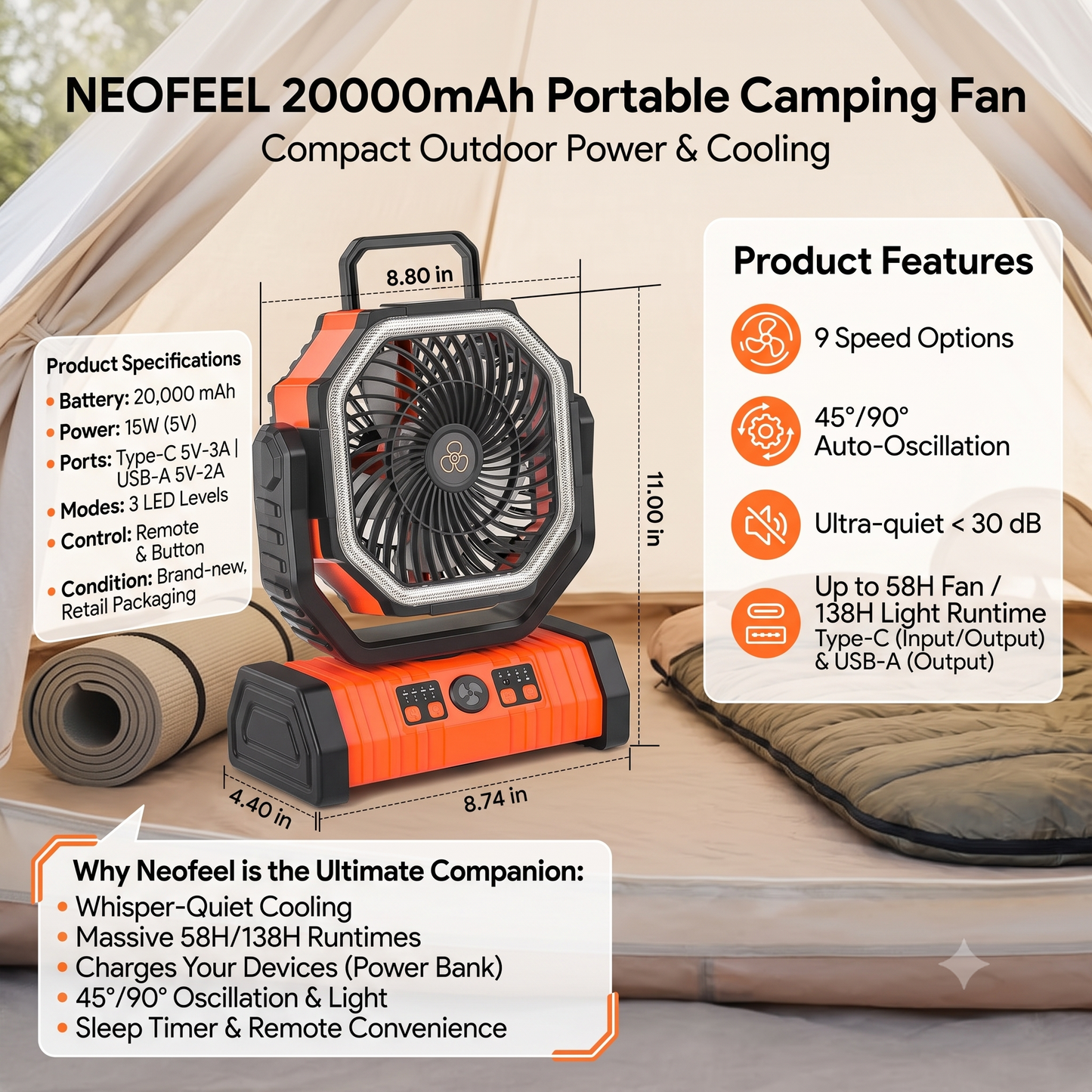 20000mAh Portable Camping Fan with LED Light & Remote Control