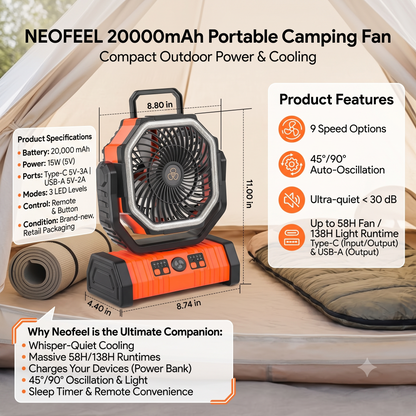 20000mAh Portable Camping Fan with LED Light & Remote Control