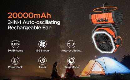 20000mAh Portable Camping Fan with LED Light & Remote Control