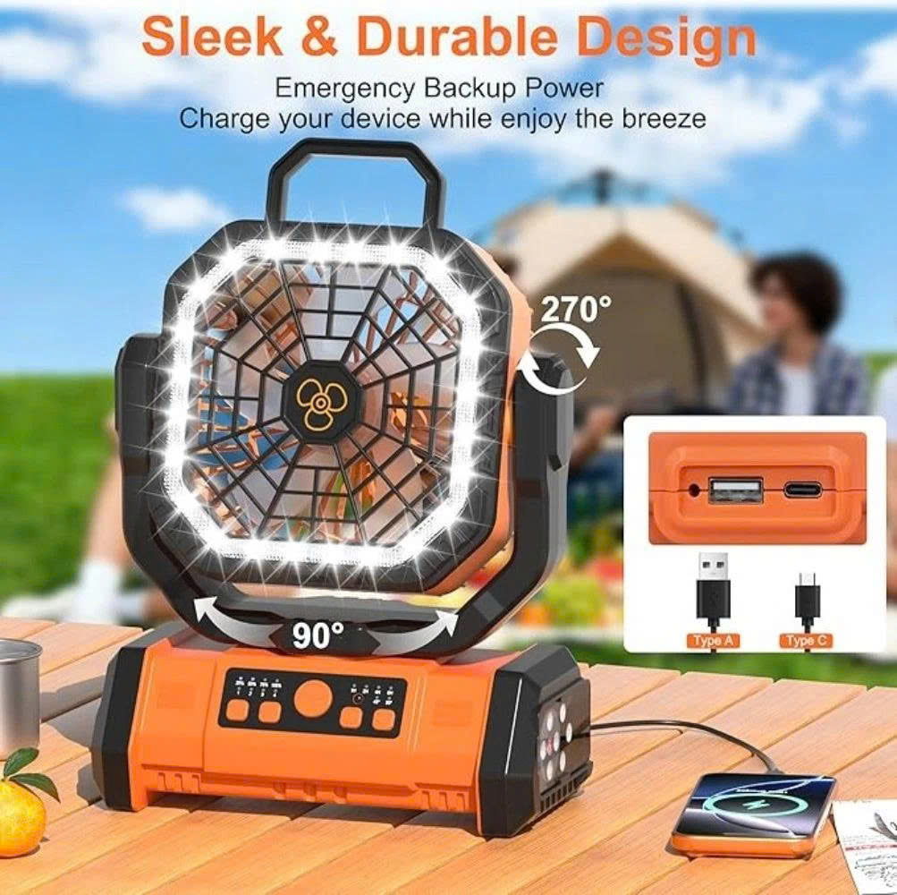 20000mAh Portable Camping Fan with LED Light & Remote Control
