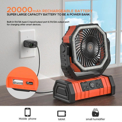 20000mAh Portable Camping Fan with LED Light & Remote Control
