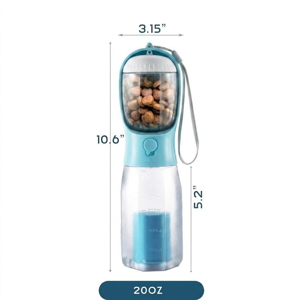 3-in-1 Portable Pet Water Bottle (20oz) with Food & Poop Bag Holder