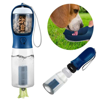 3-in-1 Portable Pet Water Bottle (20oz) with Food & Poop Bag Holder