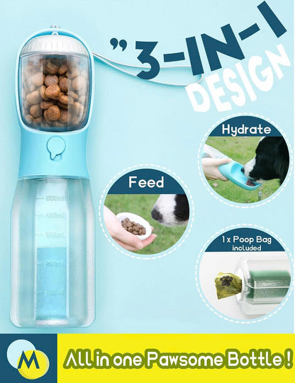 3-in-1 Portable Pet Water Bottle (20oz) with Food & Poop Bag Holder