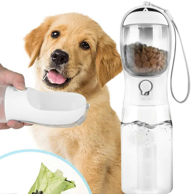 3-in-1 Portable Pet Water Bottle (20oz) with Food & Poop Bag Holder