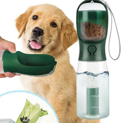 3-in-1 Portable Pet Water Bottle (20oz) with Food & Poop Bag Holder