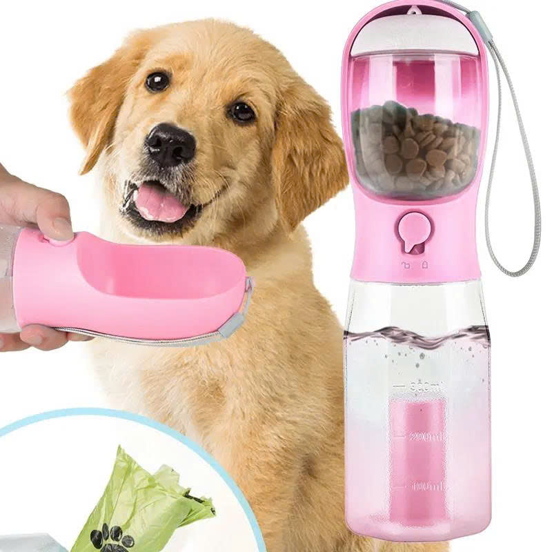 3-in-1 Portable Pet Water Bottle (20oz) with Food & Poop Bag Holder