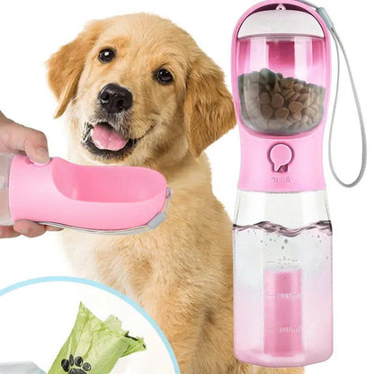 3-in-1 Portable Pet Water Bottle (20oz) with Food & Poop Bag Holder