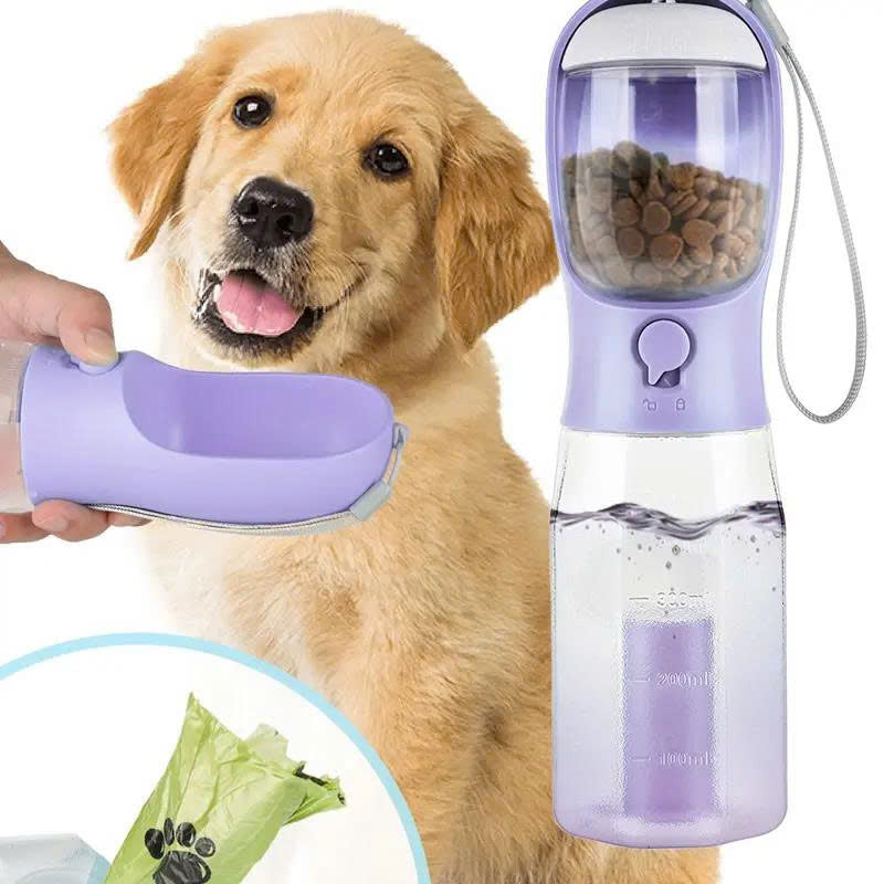 3-in-1 Portable Pet Water Bottle (20oz) with Food & Poop Bag Holder
