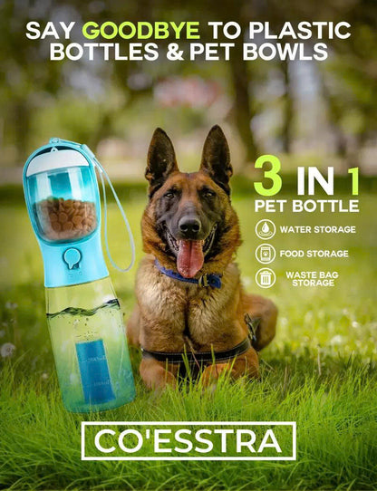3-in-1 Portable Pet Water Bottle (20oz) with Food & Poop Bag Holder