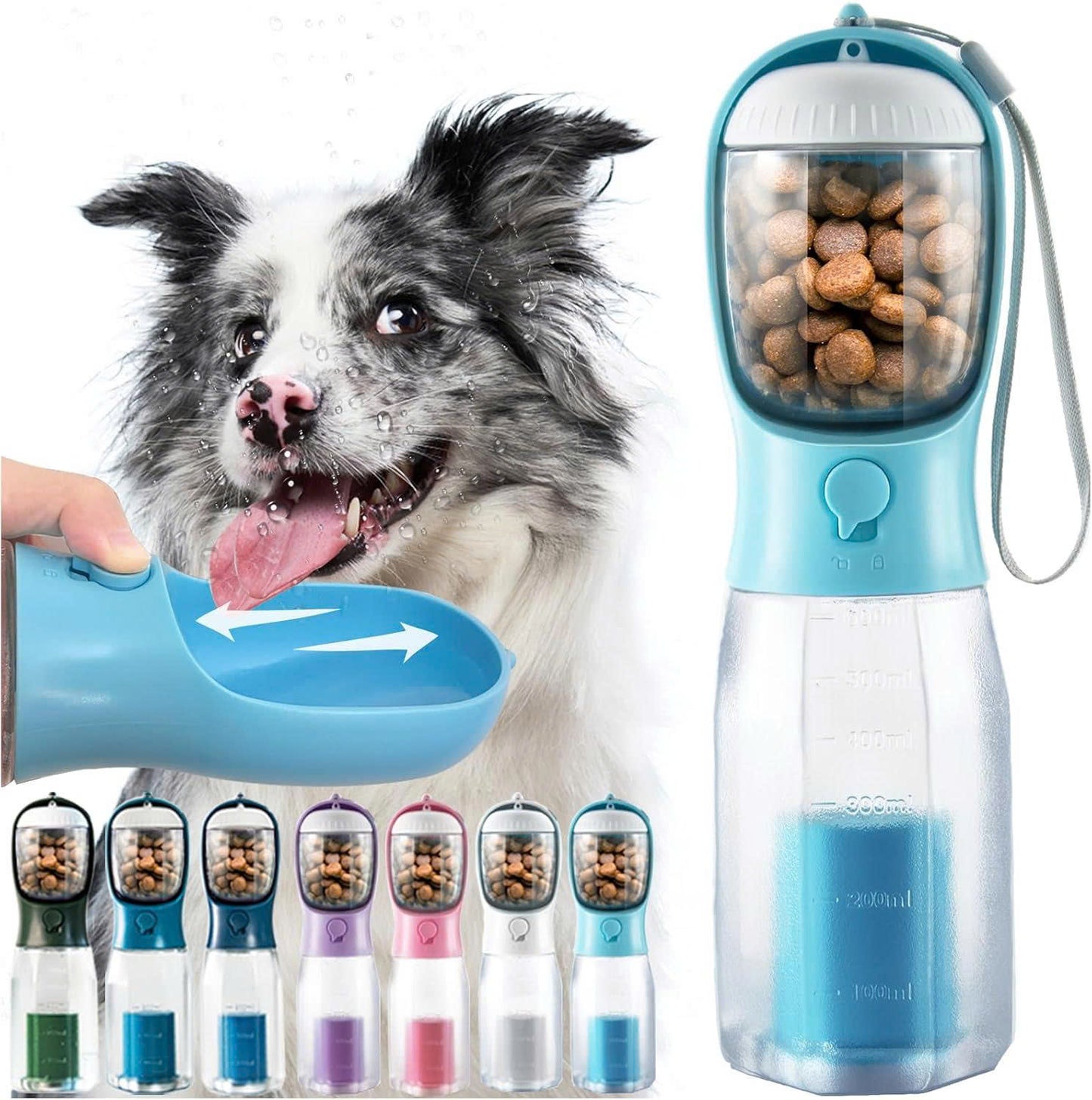 3-in-1 Portable Pet Water Bottle (20oz) with Food & Poop Bag Holder