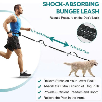 Hands-Free Dual Dog Leash with Removable Pouch & Shock Absorbing Bungee