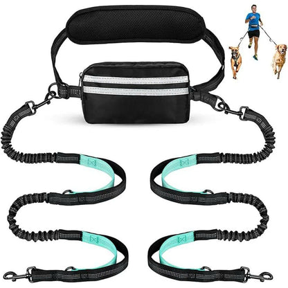 Hands-Free Dual Dog Leash with Removable Pouch & Shock Absorbing Bungee