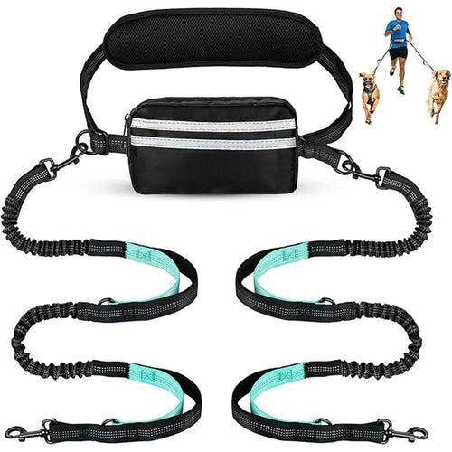 Hands-Free Dual Dog Leash with Removable Pouch & Shock Absorbing Bungee