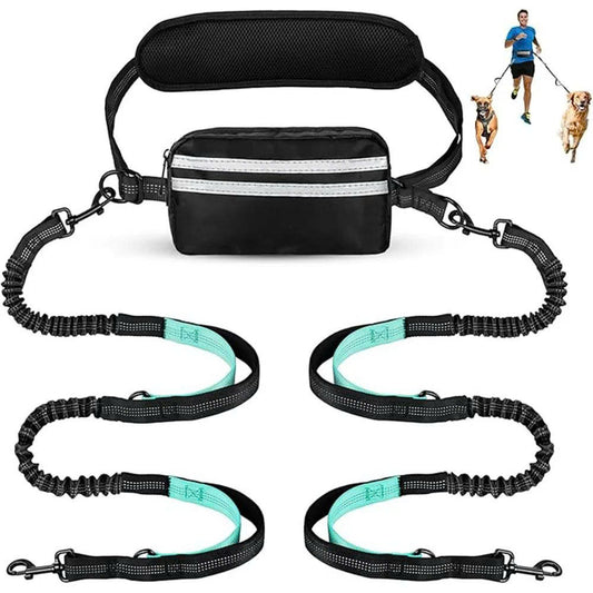 Hands-Free Dual Dog Leash with Removable Pouch & Shock Absorbing Bungee