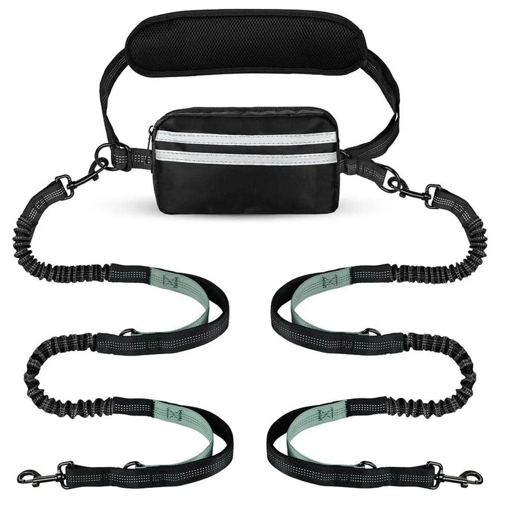 Hands-Free Dual Dog Leash with Removable Pouch & Shock Absorbing Bungee