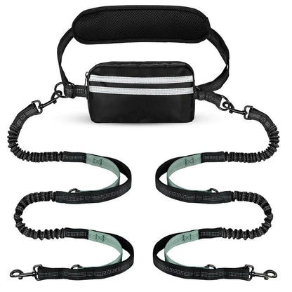Hands-Free Dual Dog Leash with Removable Pouch & Shock Absorbing Bungee