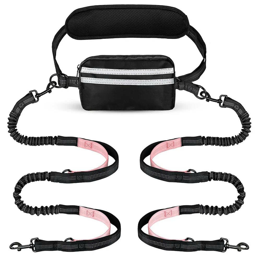 Hands-Free Dual Dog Leash with Removable Pouch & Shock Absorbing Bungee