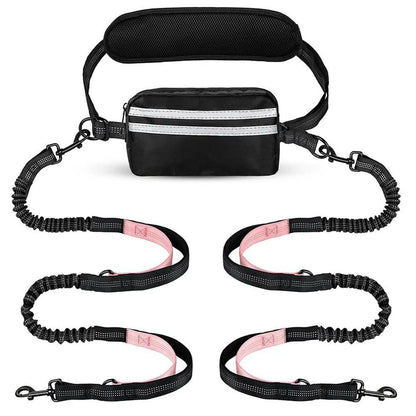 Hands-Free Dual Dog Leash with Removable Pouch & Shock Absorbing Bungee