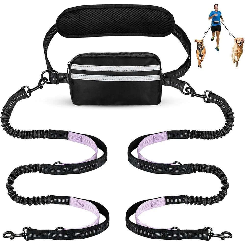 Hands-Free Dual Dog Leash with Removable Pouch & Shock Absorbing Bungee