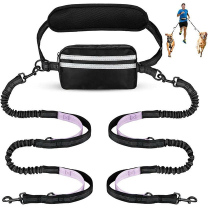 Hands-Free Dual Dog Leash with Removable Pouch & Shock Absorbing Bungee