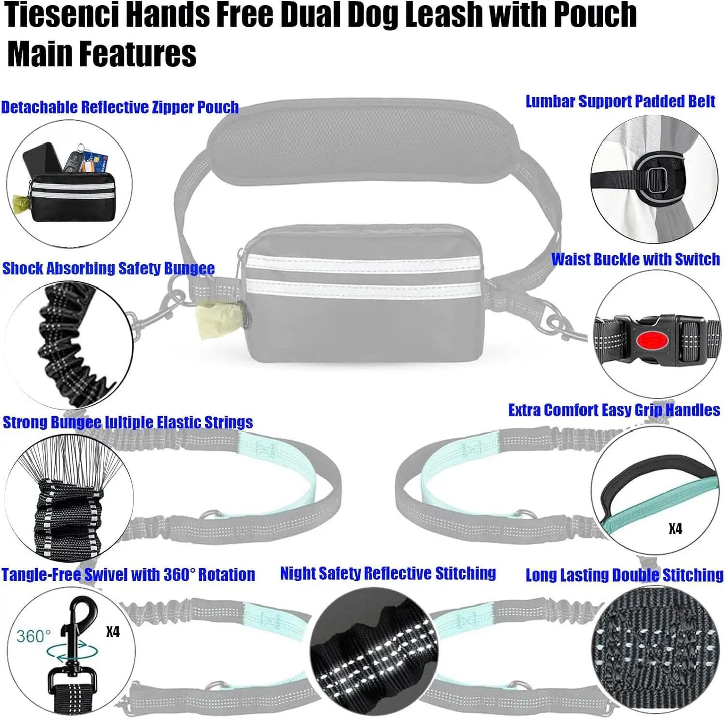 Hands-Free Dual Dog Leash with Removable Pouch & Shock Absorbing Bungee