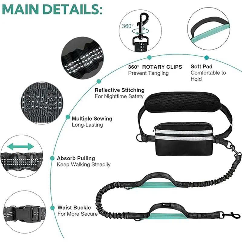 Hands-Free Dual Dog Leash with Removable Pouch & Shock Absorbing Bungee